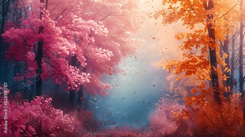 peaceful autumn forest with leaves in soft liquid hues