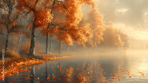 peaceful autumn morning with trees adorned in soft fluffy hues of pale orange and soft gold