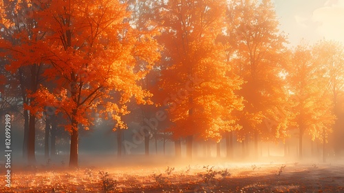 peaceful autumn morning with trees adorned in soft fluffy hues of pale orange and soft gold