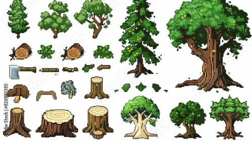 Tree illustration collection 8-bit on white background