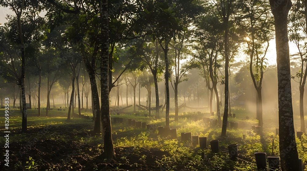 Obraz premium Dawn's Early Light: A Morning Mist Enshrouded Rubber Plantation