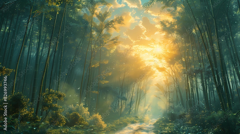 Obraz premium peaceful bamboo grove with sunlight in soft liquid hues
