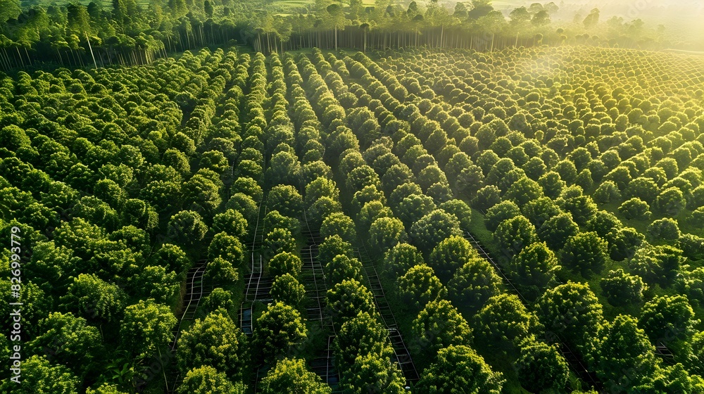 Fototapeta premium Vast Rubber Plantation Landscape Seen from Above: Meticulous Agricultural Scale Exposed