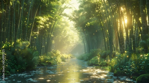 peaceful bamboo grove with sunlight in soft liquid hues