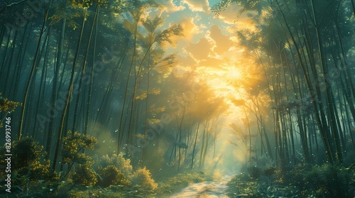peaceful bamboo grove with sunlight in soft liquid hues