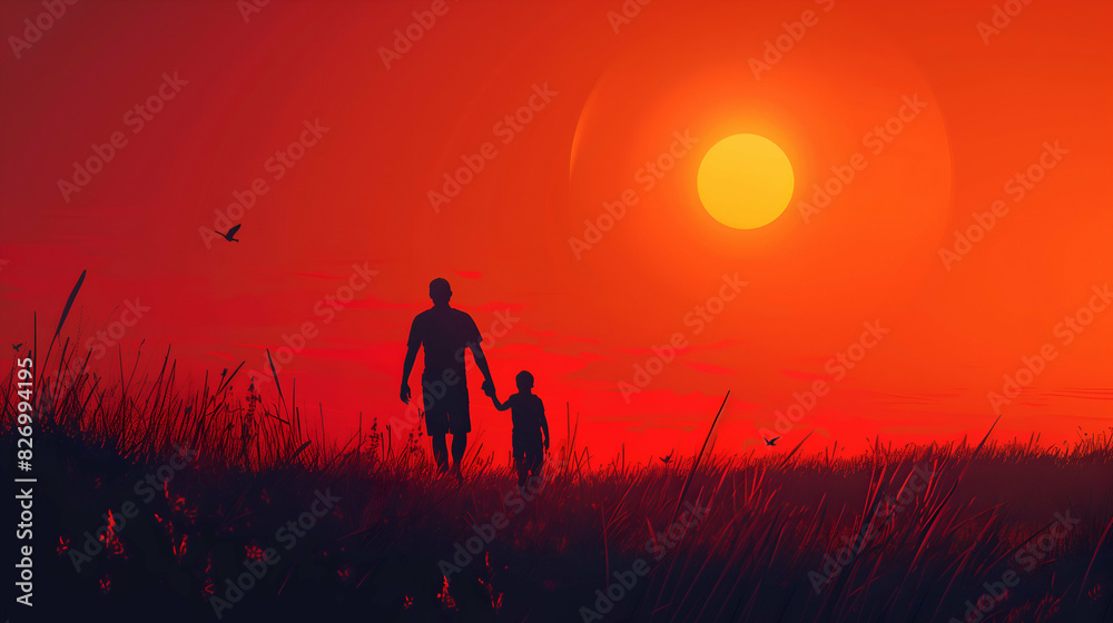 Father and Son Walking in a Field at Sunset with Silhouetted Birds, Father and son silhouetted against a vibrant sunset, walking through a grassy field with birds in the sky Father and Son Walking in a Field at Sunset with Silhouetted Birds, Father and son silhouetted against a vibrant sunset, walking through a grassy field with birds in the sky