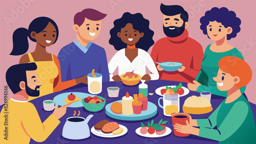 A potluck community dinner where everyone brings a dish to share showcasing their unique cultural backgrounds through food.. Vector illustration