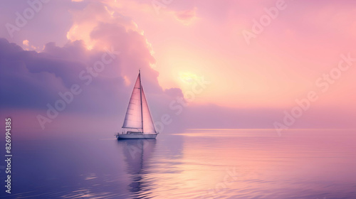 Tranquil Sailboat at Sunset with Pastel Skies, Tranquil sailboat gliding across calm waters at sunset, framed by pastel skies and serene reflections. A peaceful and scenic maritime landscape