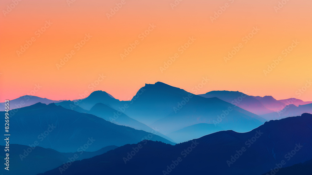 Fototapeta premium Serene Mountain Landscape at Sunset with Vibrant Sky, Serene mountain landscape at sunset with a vibrant sky. Layers of blue mountains under an orange gradient sky