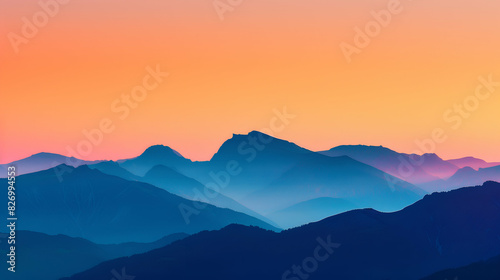 Serene Mountain Landscape at Sunset with Vibrant Sky, Serene mountain landscape at sunset with a vibrant sky. Layers of blue mountains under an orange gradient sky