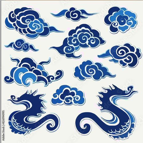 The clouds ,blue and white art, object isolated, different template for design. Traditional asian auspicious symbols. Vector set . photo