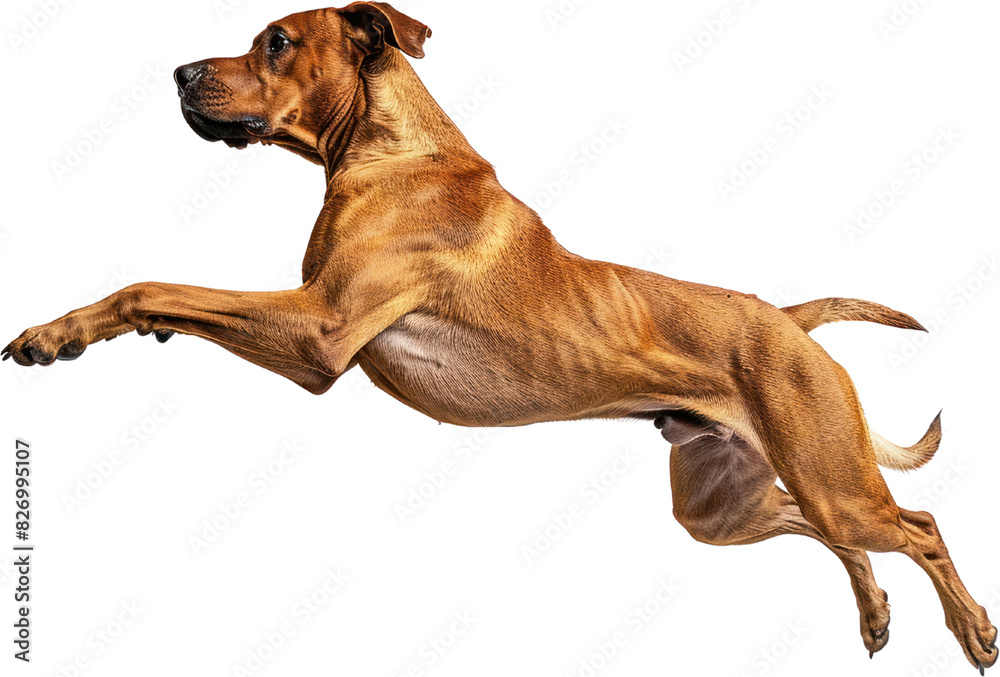 A Rhodesian Ridgeback dog's athletic leap , isolated on white background , generative Ai