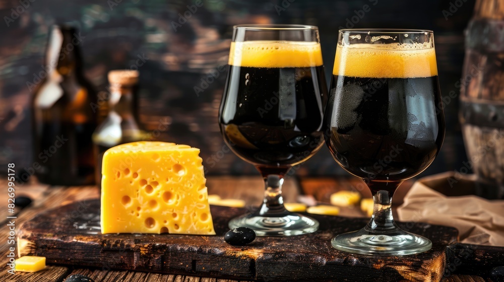 Irish Porter Cheddar paired with two glasses of dark beer