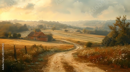 peaceful countryside with rolling fields in soft liquid hues