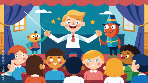 A school auditorium buzzing with energy as children from different classrooms come together to watch a puppetry performance.. Vector illustration
