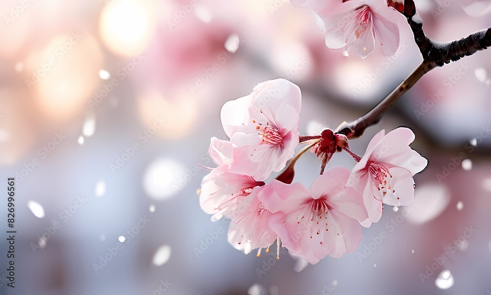 Naklejka premium Spring blossom tree covered in a delicate snowfall branches heavy with snow., Ai Generated
