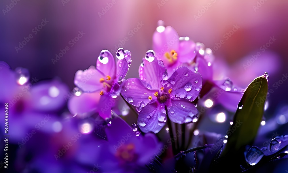 Close up of cluster of little purple flowers covering the entire frame dew drops on petals, Ai Generated Close up of cluster of little purple flowers covering the entire frame dew drops on petals, Ai Generated