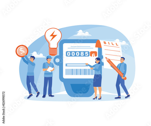 People pay electricity bills. Technician repair, meter installation, energy saving. Utility bills concept. Flat vector illustration.