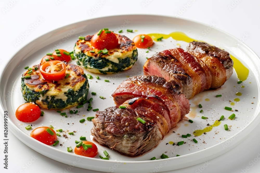 Bacon Wrapped Beef Tenderloin and Spinach Cheese Cakes Culinary Presentation Bacon Wrapped Beef Tenderloin and Spinach Cheese Cakes Culinary Presentation