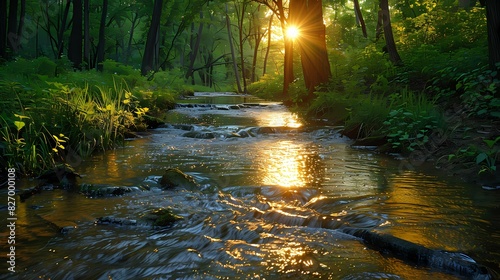peaceful forest stream with water reflecting soft liquid hues