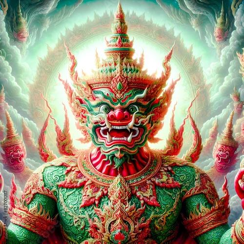 Thai-style giant image of Thao Wesuwan wearing sacred robes. Expressing ferocity and fearsomeness The background should be reminiscent of the heavenly kingdom. It adds to the essence of the mythical s
