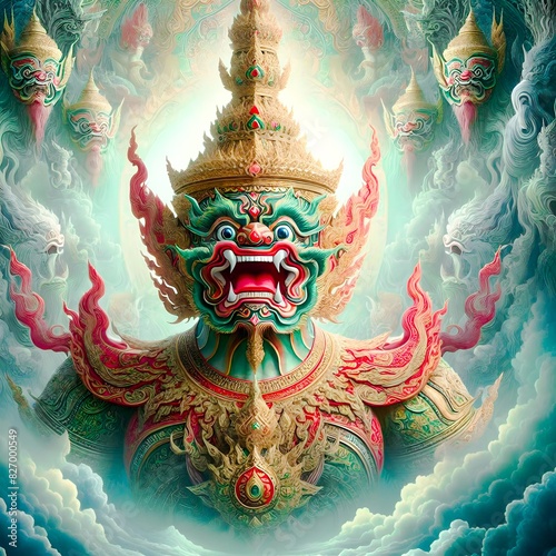 Thai-style giant image of Thao Wesuwan wearing sacred robes. Expressing ferocity and fearsomeness The background should be reminiscent of the heavenly kingdom. It adds to the essence of the mythical s photo
