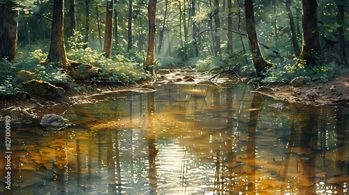 peaceful forest stream with water reflecting soft liquid hues