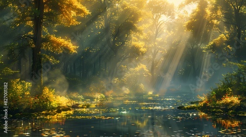 peaceful forest with sunlight filtering in soft liquid hues