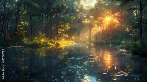 peaceful forest with sunlight filtering in soft liquid hues
