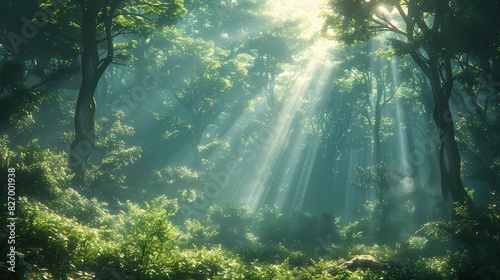 peaceful forest with sunlight filtering in soft liquid hues