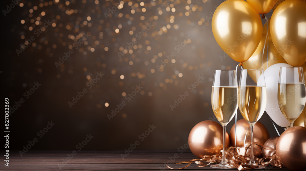 Champagne bottles and glasses On the background with golden balloons, text space, Luxury background