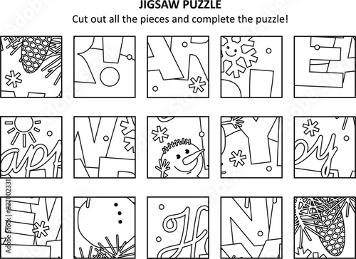 "Happy New Year!" jigsaw puzzle with holiday greeting. Print and cut out all the pieces to complete the puzzle.
