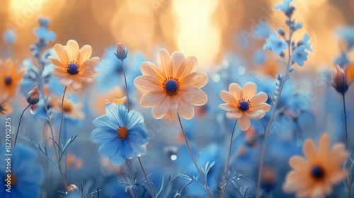 peaceful garden in summer with flowers in soft fluffy hues of light yellow and blue
