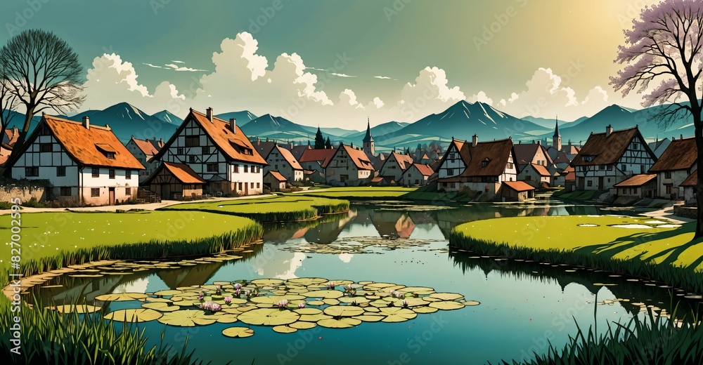 Naklejka premium village houses by a lake and mountains under clouds and sky. secluded river town in forest in summer. 