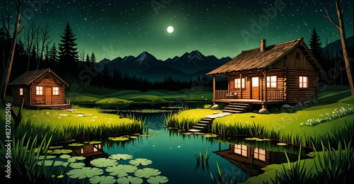 log cabin lodge by river lake in open field of grass in summer at night under clouds and moon. large green countryside meadow with pond and pasture with house and mountain range.	