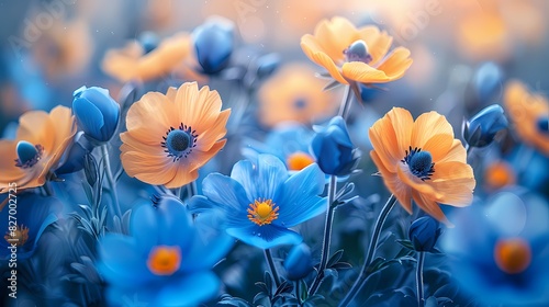 peaceful garden in summer with flowers in soft fluffy hues of light yellow and blue