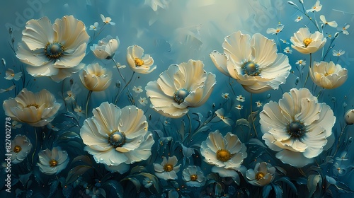 peaceful garden in summer with flowers in soft fluffy hues of light yellow and blue