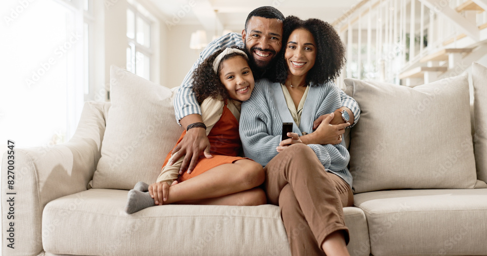 Mom, dad and child on couch for portrait with love or care, relax and family bonding for memory or connection. Parents, girl and together for comfort or safety on weekend, hug and happiness with kid. Mom, dad and child on couch for portrait with love or care, relax and family bonding for memory or connection. Parents, girl and together for comfort or safety on weekend, hug and happiness with kid.