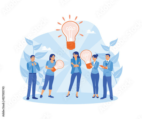 Business team discussing together. Share ideas to find solutions. Brainstorming concepts. Flat vector illustration.
