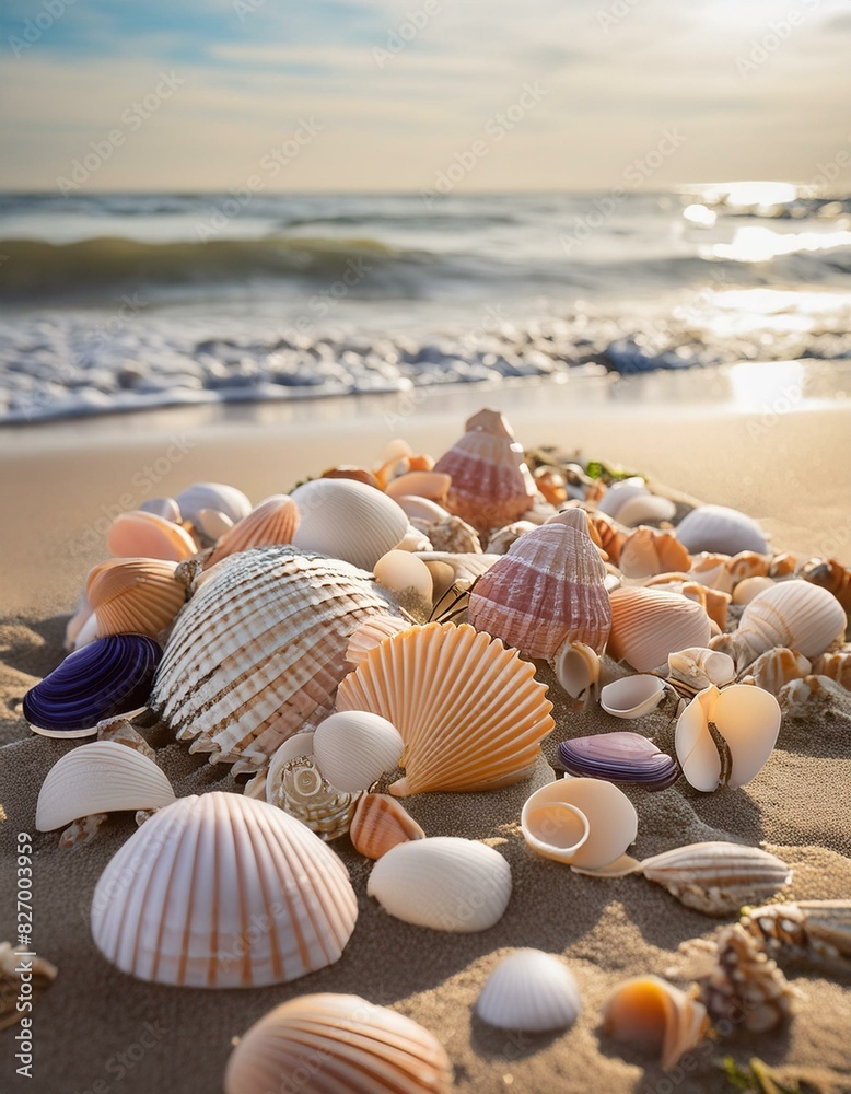 arrangement of various seashells on the sand ,An with a hint of ocean waves in the distance,artistic arrangement of various seashells on the sand ,An with a hint of ocean waves in the distance,artistic