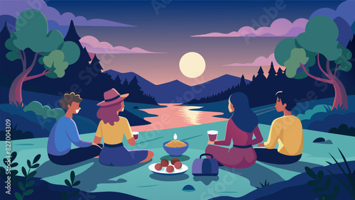 As the sun began to dip below the horizon a group of friends lit up lanterns and candles along the riverbank enjoying a riverside picnic filled with. Vector illustration
