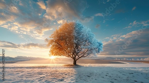 A stunning photo of a lone tree in a snowy landscape at sunrise, capturing the beauty of nature and transition from winter to spring. photo