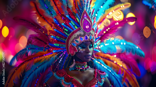 Vibrant Carnival Costume with Dazzling Sequins, Colorful Feathers, and Intricate Beadwork