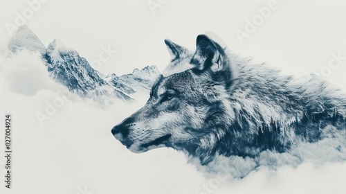 Artistic illustration of a wolf blended with mountainous landscape, capturing the wilderness and majestic beauty of nature.