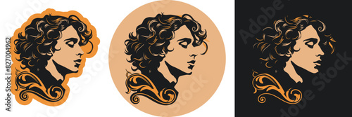Young romantic poet logo head profile silhouette for literary clubs or creative writing groups. Three lockups (outline, circle and square) and Spot colors for easy editing.