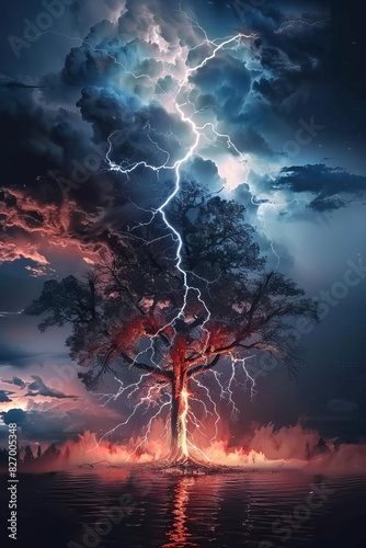 Dramatic photo of a tree struck by lightning, surrounded by dark storm clouds and flames, reflecting on water below.