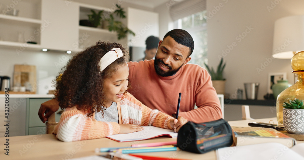 Girl, assignment and kitchen for education, learning and growth for future or knowledge. Dad, student and house for help, studying and support or home school for development or coloring assessment Girl, assignment and kitchen for education, learning and growth for future or knowledge. Dad, student and house for help, studying and support or home school for development or coloring assessment