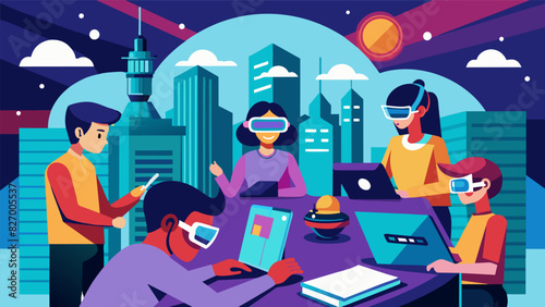 As the students work collaboratively in the Virtual Reality Classroom they are transported to a futuristic city where they must use critical thinking. Vector illustration
