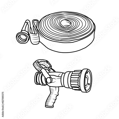 Vector illustration fire hose and nozzle hand drawn sketch Fireman equipment line art,side view, isolated on white background, For kids coloring book or science illustration.