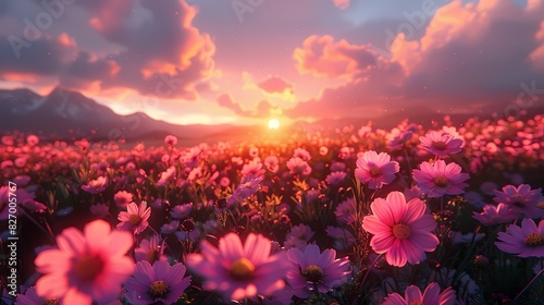 peaceful meadow at dawn, with the sky and flowers in soft fluffy hues of lavender and peach